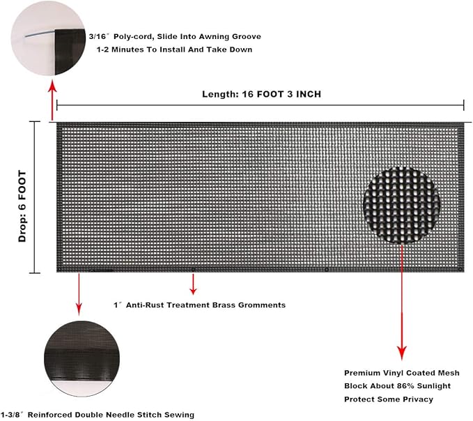 Tentproinc RV Awning Sun Shade Screen 6' X 16' 3'' (Fit for 17' Awning) Mesh Sunshade for Camper Trailer Awning Screenshade Motorhome Sunscreen Block UV Glare - 3 Year Warranty (Black)