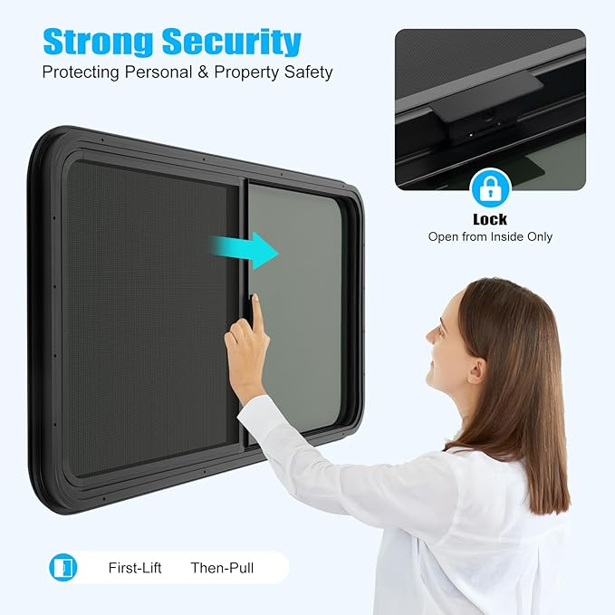 42" W x 22" H RV Window Horizontal Sliding, DOT Certified - Shatterproof Tempered Tinted Glass, with Net Screen and Trim Ring, Teardrop Replacement Trailer Camper Window