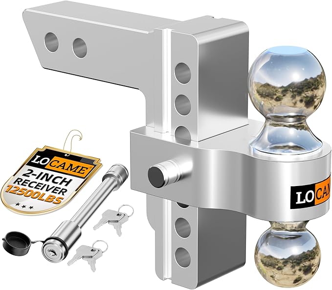 LOCAME Adjustable Trailer Hitch, Fits 2-Inch Receiver, 6-Inch Drop/Rise Aluminum Drop Hitch,12,500 LBS GTW-Tow Hitch for Heavy Duty Truck with Double Stainless Steel Locks, Silver