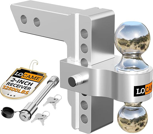 LOCAME Adjustable Trailer Hitch, Fits 2-Inch Receiver, 6-Inch Drop/Rise Aluminum Drop Hitch,12,500 LBS GTW-Tow Hitch for Heavy Duty Truck with Double Stainless Steel Locks, Silver