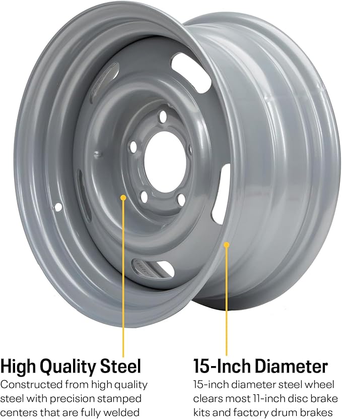 Speedway Motors GM Style 15 x 7 Inch Silver Steel Rally Wheel, 5 on 4.75 Direct-Fit Bolt Pattern, Rear-Wheel Drive Vehicle Only, 4.25” Wheel Backspacing, Sold Individually