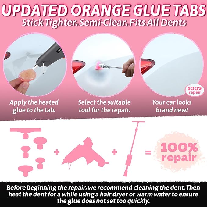 Car Dent Puller Kit, Paintless Dent Remover Tool with High Viscosity Puller Tabs & Glue Sticks Hot Glue Gun, 2-in-1 Slide Hammer T-bar, PDR Tools Set for Car Dent Repair Hail Damge or Door Dings