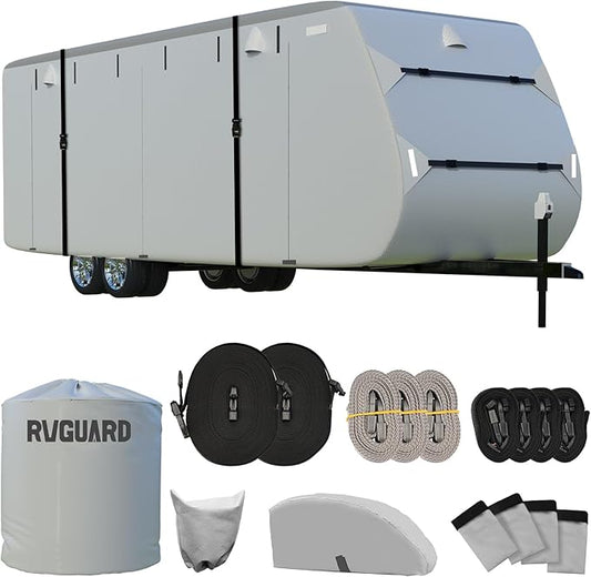 RVGUARD RV Cover, Travel Trailer Cover fits for 30' - 33' RV, 6 Layers Anti-UV Waterproof Camper Cover, with Tongue Jack Cover and Storage Bag, Grey