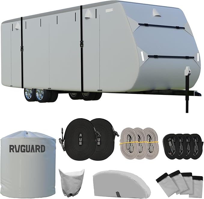 RVGUARD RV Cover, Travel Trailer Cover fits for 20' - 22' RV, 6 Layers Anti-UV Waterproof Camper Cover, with Tongue Jack Cover and Storage Bag, Grey