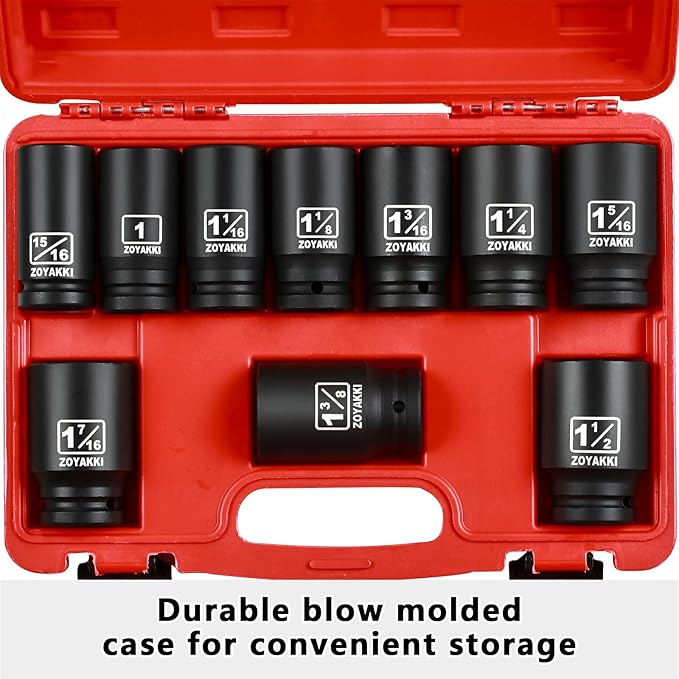 10 PCS 3/4" Drive Impact Lug Nut Socket,Standard SAE Size(15/16" to 1-1/2"),Deep Socket Set CR-MO Material Adapter Setwith Durable Case for lmpact Driver Conversions(Upgraded)