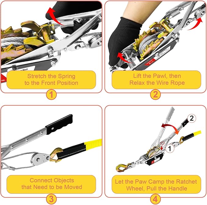 Come Along Winch 2-Ton with 7.54FT Steel Cable & 2 Hooks Heavy Duty Power Cable Come Along - Dual Gears Manual Winch for Vehicle Rescue & Automotive Hoist