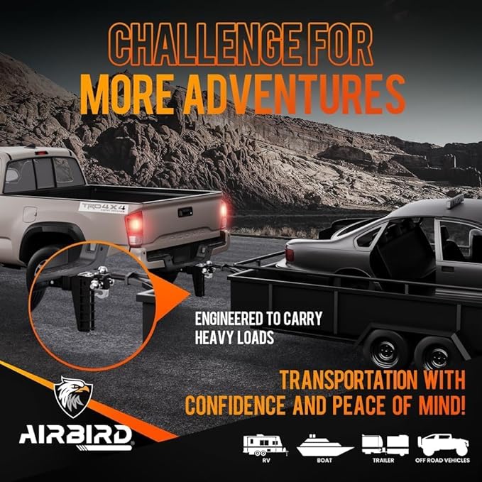 Airbird Adjustable Trailer Hitch with Hook Tri-Ball(1-7/8",2", 2-5/16") Fits 2-Inch Receiver MAX 17000 LBS GTW,Class 3 Tow Hitches 6”Drop/Rise, Heavy Duty Truck,BLK