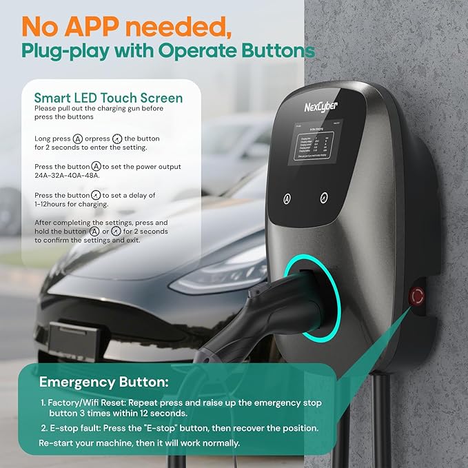 Level 2 Electric Vehicle (EV) Charger, 48 amp/11.5kW EVSE w/ J1772 Connector, 240v Electric Car Charger, 25ft Cable ETL Certified, Hardwired & No Plug, APP Start/Plug and Play (Hardwired)