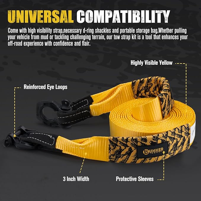 BUNKER INDUST Heavy Duty Tow Strap Recovery Kit, 3" x 30ft Recovery Straps + Pair 3/4 D Ring Shackles + Bag 35,000 lbs Tree Saver Winch Strap - Emergency Vehicle Off Road Towing Rope