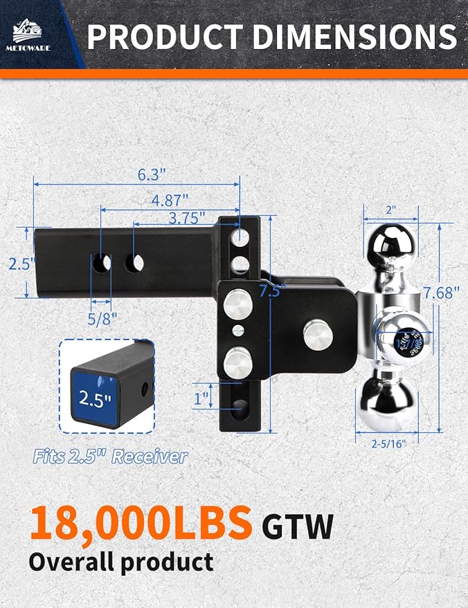 METOWARE Adjustable Trailer Hitch Ball Mount-Fits 2.5" Receiver-Heavy Duty Drop Hitch, Tri-Ball (1-7/8" x 2" x 2-5/16") 4" Drop/Rise, 18,000 GTW and Anti-Theft Stainless Steel Lock