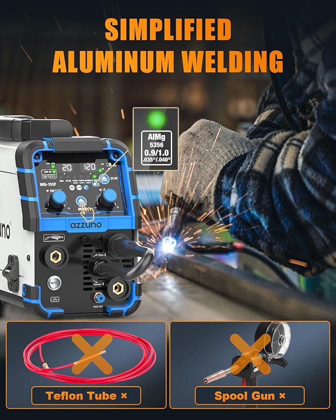 AZZUNO MIG Welder Machine 110V/220V, 155Amp 5-in-1 Gas MIG/Aluminum MIG/Gasless Flux MIG/Lift TIG/Stick Welding Machine, Upgraded Wire Feed Welder