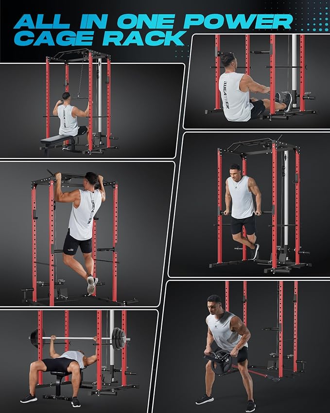 PeakPursuit Power Cage Squat Rack with LAT Pulldown & Low Row, 1200LBS Home Gym Power Rack with J-Hooks, Dip Bars, Pull Up Bar, Landmine, Weight Rack & Cable Pulley System for Strength Training