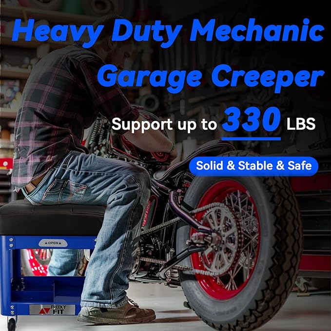 Rolling Creeper Garage Shop Seat for Men, Padded Mechanics Stool with Tool Tray Storage for Garage, Rolling Workshop Stool with Wheels, Auto Creeper Seat, 330 LBS Capacity, Heavy Duty, Blue