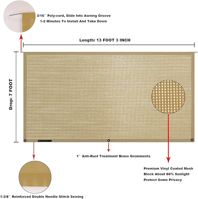 Tentproinc RV Awning Sun Shade Screen 7' X 13' 3'' (Fit for 14' Awning) Mesh Sunshade UV Blocker Complete Kits Motorhome Camping Trailer Awning Sunscreen Shadescreen - 3 Year Warranty (Beige)