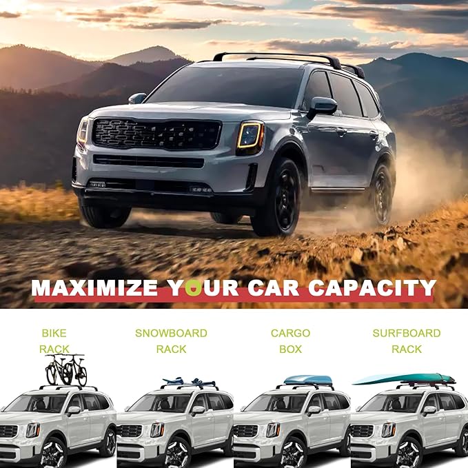 KINGGERI Roof Rack Cross Bars 260lbs Fit for Kia Telluride 2019 2020 2021 2022 2023 2024 2025 EX S SX SX-Prestige, Lockable Heavy Duty Aluminum Roof Rails Crossbars (Not for LX, X-Line or X-Pro)