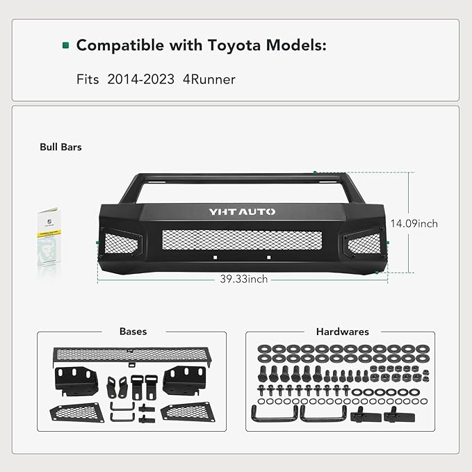 YHTAUTO Bull Bar Push Bar with Skid Plate Light Mount Fit Toyota 4Runner 2014-2024, Heavy Duty Steel Brush Guard for Truck Front Bumper w/o Winch Frame Textured Black Off Road Accessories