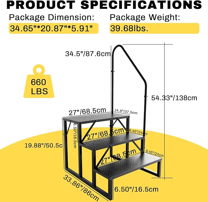 RV Steps with Handrail, Hot Tub Steps Outdoor, 3 Step Ladder Stool, RV Stairs with Anti-Slip Panel, Camper Steps for Spa, Travel Trailers, Pool and Porch
