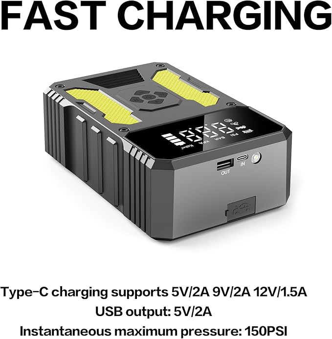 3000A Jump Starter with Air Compressor, 12V Battery Booster, 150PSI Tire Inflator Auto-Stop, QC3.0 Fast Charging Power Bank, Type-C Input/Output, LED SOS Light for Emergency Use