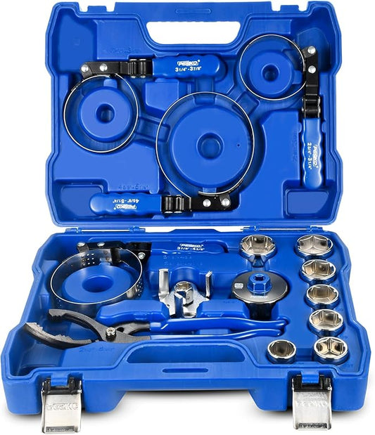 14 Piece Oil Filter Wrench Set, 7pcs Oil Fliter Socket and 64mm Wrench, 4pcs Stainless Steel Swivel Wrenches, 12" Oil Filter Pliers, Universal 3-Jaw Removal Tool, Organized in Storage Case