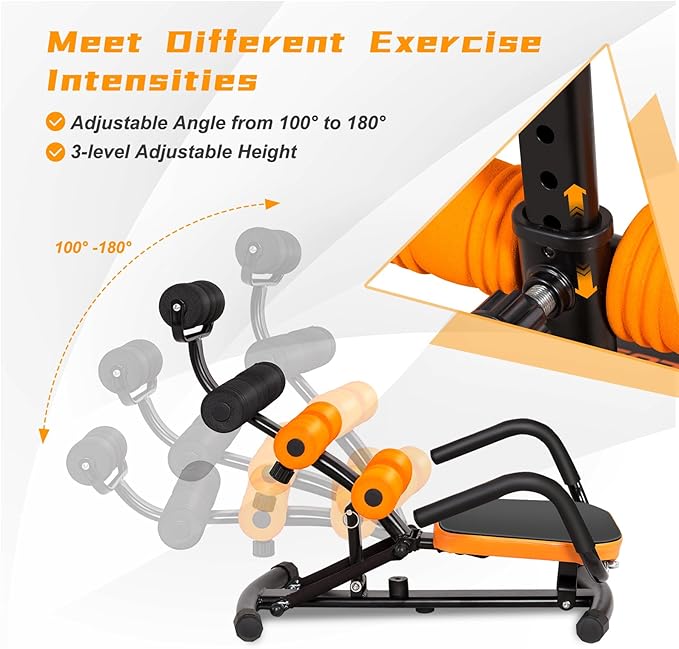 Ab Workout Machine, Height Adjustable Ab Rocker Trainer w/Ergonomic Curved Back, Cushioned Seat, Strong Spring Boost for Core Strength Training, Compact Sit Up Machine for Home Gym