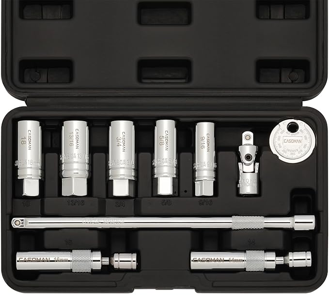 CASOMAN 10PCS 3/8"Drive Magnetic Spark Plug Socket Set, 6PT&12PT, Include Extension Bar, Universal Joint & Spark Plug Gapper, CR-V Steel