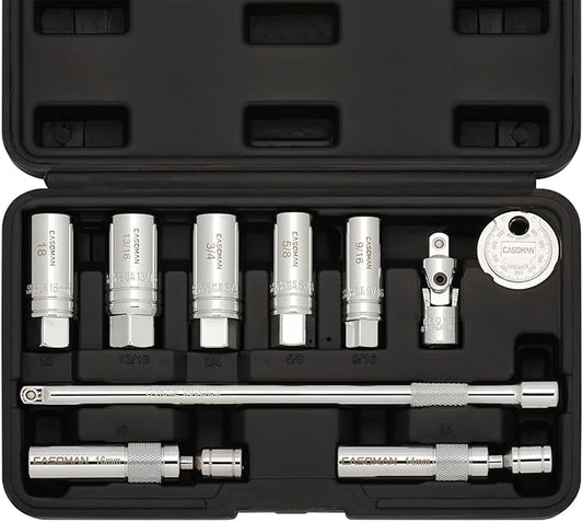 CASOMAN 10PCS 3/8"Drive Magnetic Spark Plug Socket Set, 6PT&12PT, Include Extension Bar, Universal Joint & Spark Plug Gapper, CR-V Steel