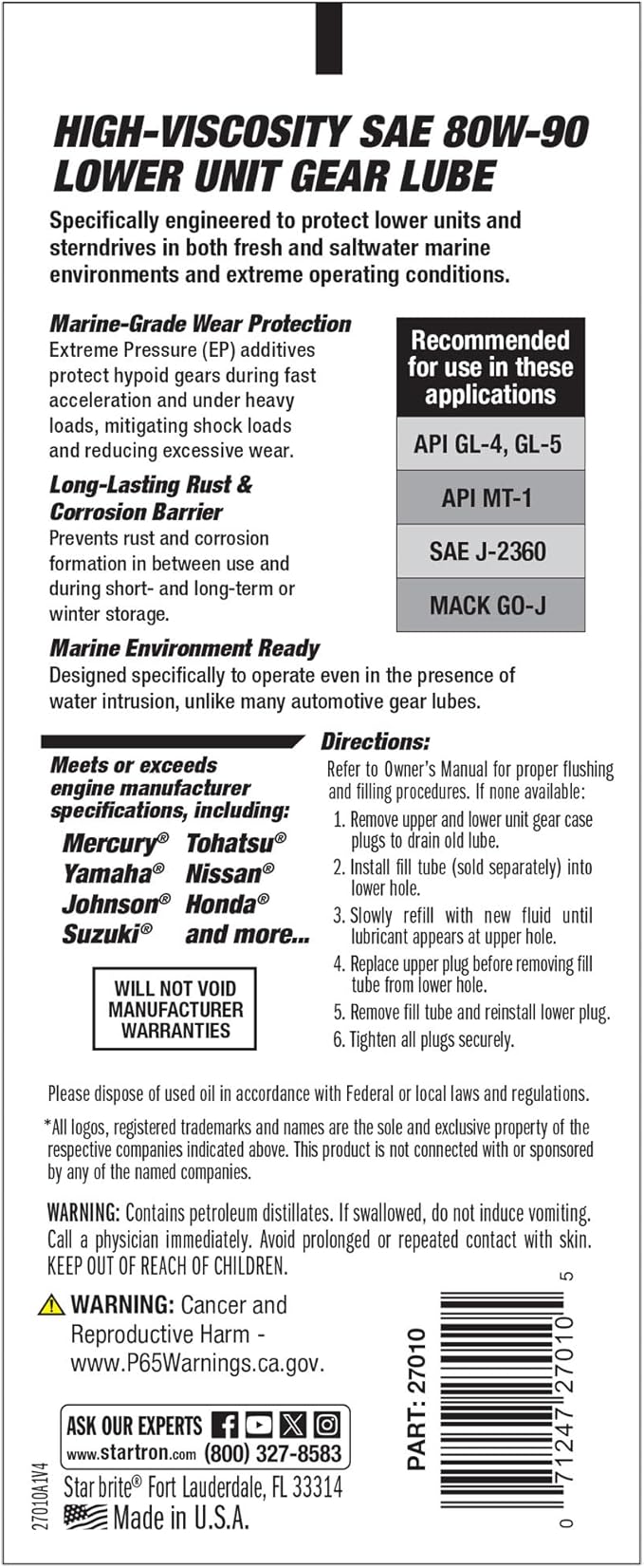 STAR BRITE Star Tron High Viscosity Lower Unit Gear Lube 80W90 - Anti-Wear, Rust & Corrosion Inhibitors, Ideal for Outboard Motors & Stern Drives - 10 OZ (027010)