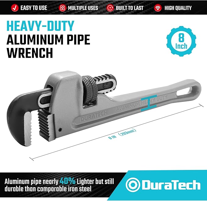 DURATECH 8-inch Heavy Duty Aluminum Straight Pipe Wrench, Adjustable Plumbing Wrench, Drop Forged, Exceed GGG standard