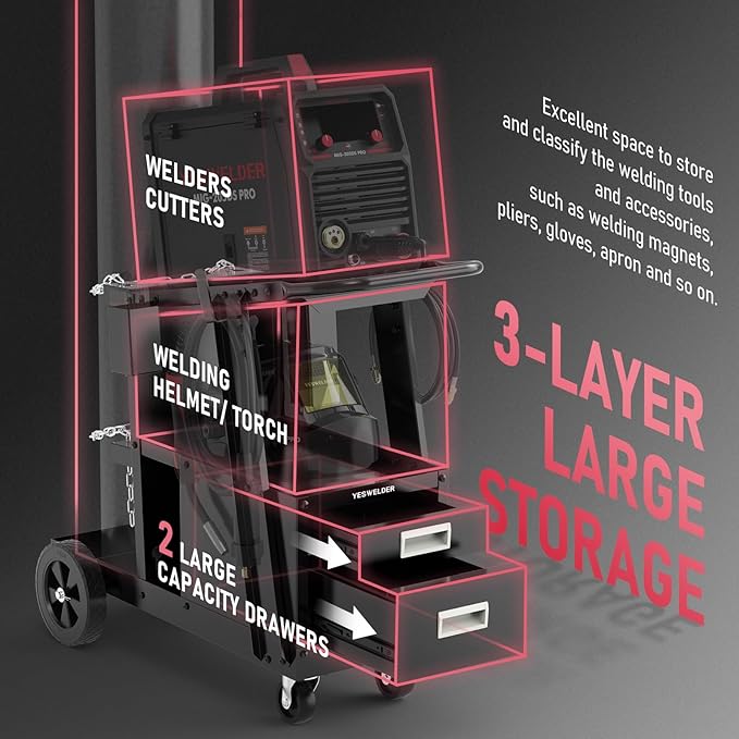 YESWELDER Welding Cart，2-Tier with 2 Drawers for MIG Welder TIG Welder and Plasma Cutter, Tank Storage Safety Chains, Heavy Duty Large Storage 360° Swivel Wheels Welding Trolley