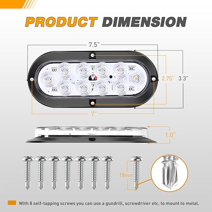 GOOACC 6Inch Oval Tail Light 2PCS White 10LED Reverse Back Up Lights Surface Mount IP67 Waterproof for Trailer Truck RV Tractor Lorry Camper Van