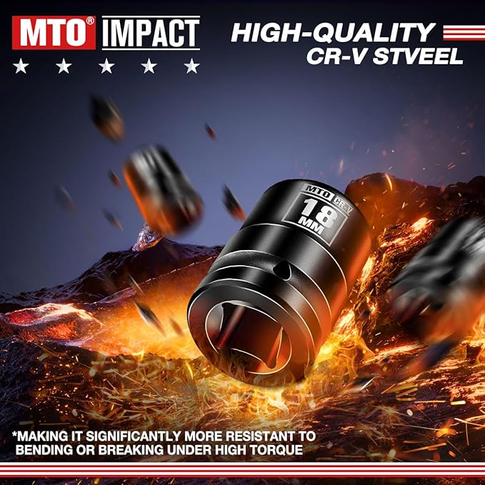 MTO 1/2" Drive 18mm Shallow Impact Socket, 6-Point Metric Socket for Automotive Maintaince, CR-V Steel Meets ANSI Standards