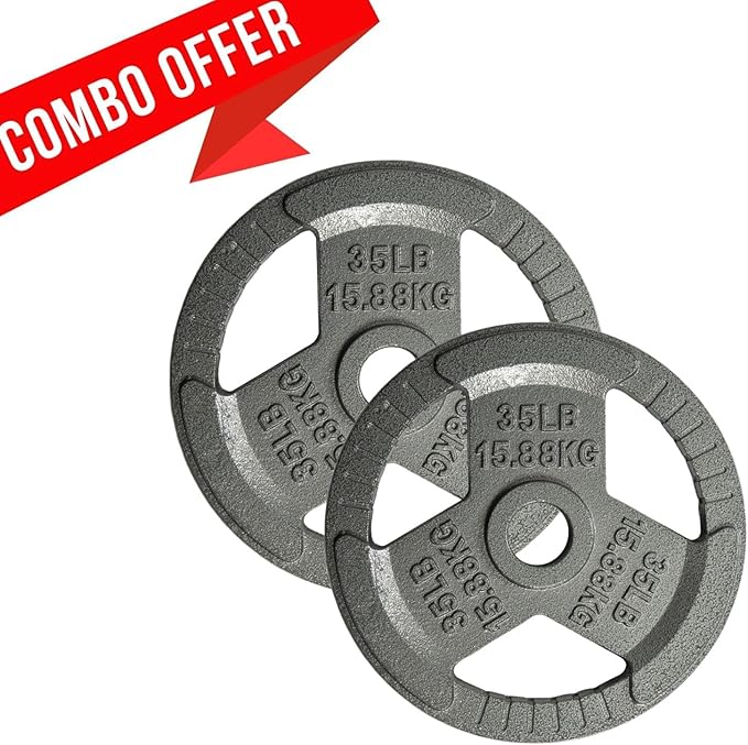 Yes4All Tri-Grip Handles Cast Iron Olympic Weight Plates, 2-Inch Weight Plates for Weight Lifting with Smooth and Durable Finish, Suitable for Strength Training Exercises (Single, Pair and Set)