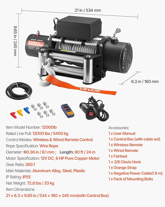 VEVOR Electric Winch, 12000 lbs Load Capacity, 12V DC Truck Winch with Φ0.36 in x 80 ft Steel Rope, Wireless & Wired Remote Control, IP55 Waterproof for Towing SUV Jeep Trailer Boat Off-Road Vehicle