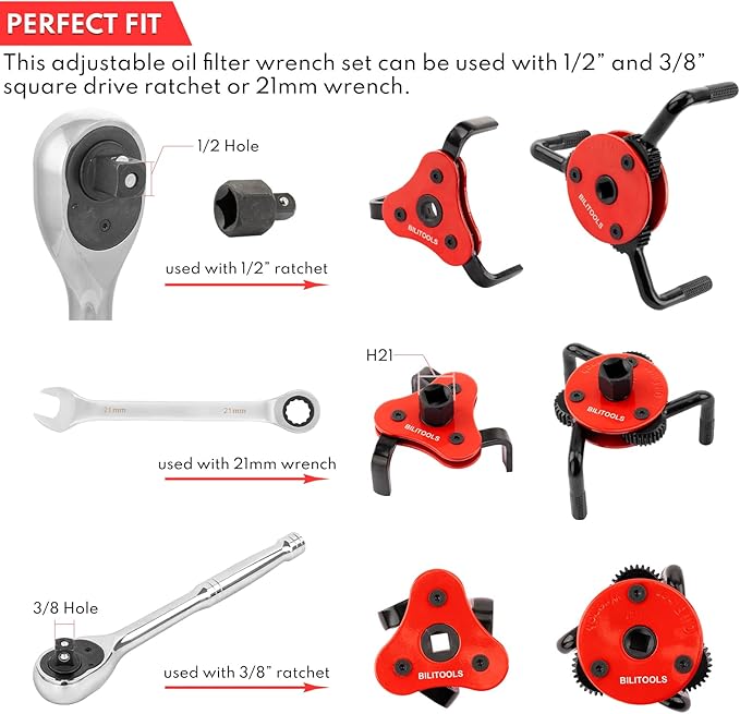 BILITOOLS Oil Filter Removal Tool, Universal Oil Filter Wrench Set Adjustable 2-1/2 to 4 inch & 3 to 5-1/8 inch, 1/2" Drive