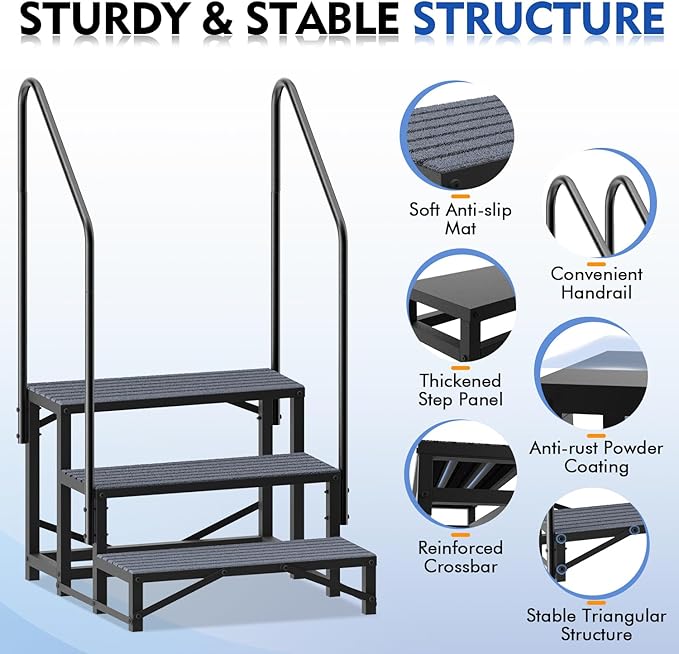 3-Step RV Steps with Dual Handrails, Heavy-Duty Mobile Home Steps, RV Stairs for Camper, Hot Tub, Trailer & Porch with Non-Slip Mats