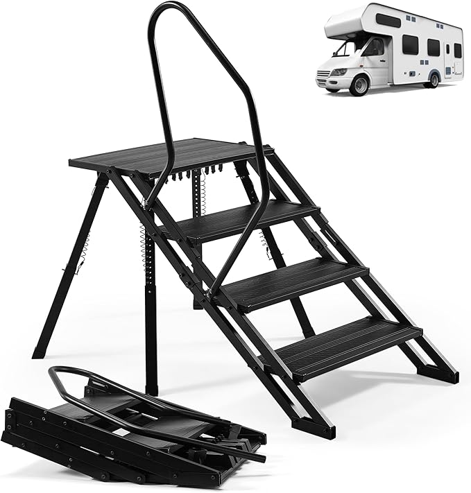 RV Steps Foldable, Aluminum Portable 4 Step Camper Steps with Handrail Adjustable Height with Non Slip Feets for 5th Wheel RV, Travel Trailer, Home, Camper, Spa, Hot Tub Steps, and Porch