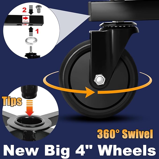 Rolling Stool with Wheels, Adjustable Shop Stool Mechanic Chair Seat Garage Shop Roller Work Chair Mobile Rolling Seat with Tool Tray, 2 Cup Holders, 4" Casters, 350 LBS, Heavy-Duty, Blue