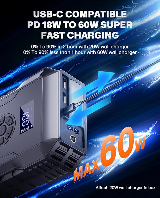 Car Battery Jump Starter with Air Compressor 160PSI,5000A 60W Portable Jump Starter Battery Pack (All Gas/10L Diesel),12V Starter Jump Box with Jumper Cables,Type C Fast Charging,3 Mode Light