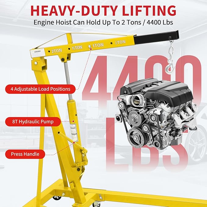 2-Ton Folding Engine Hoist Cherry Picker 4400 Lb Capacity Hydraulic Shop Crane with Telescoping Boom 6 Caster Wheels for Automotive Repair Garage Use Includes Hitch and Storage Stand Yellow