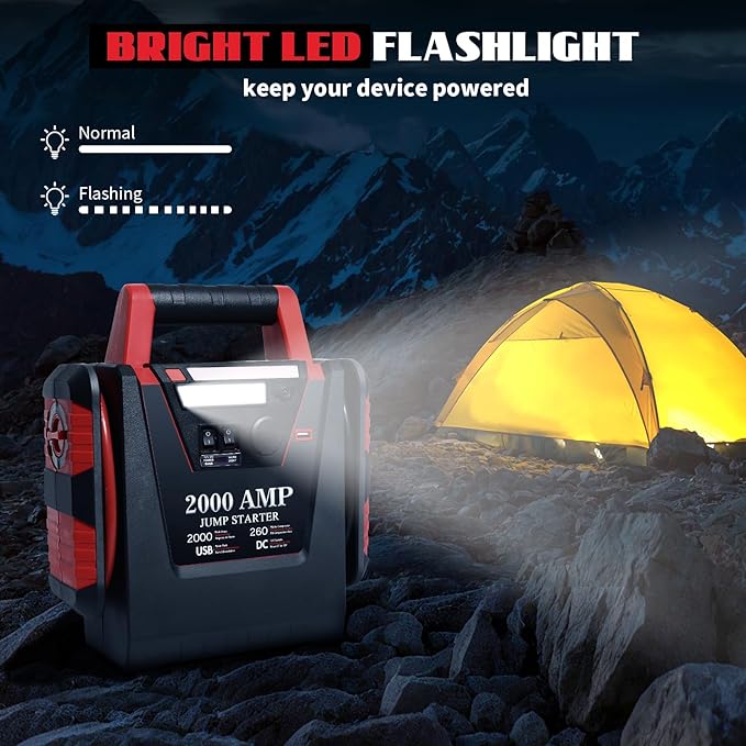 Jump Starter with Air Compressor,2000A Car Battery Jumper Starter 260 PSI Tire Inflator,6 in 1 Auto Lead-Acid Battery Booster Jump Starter for Up to 10.0L Gas or 8.0L Diesel with LED Light