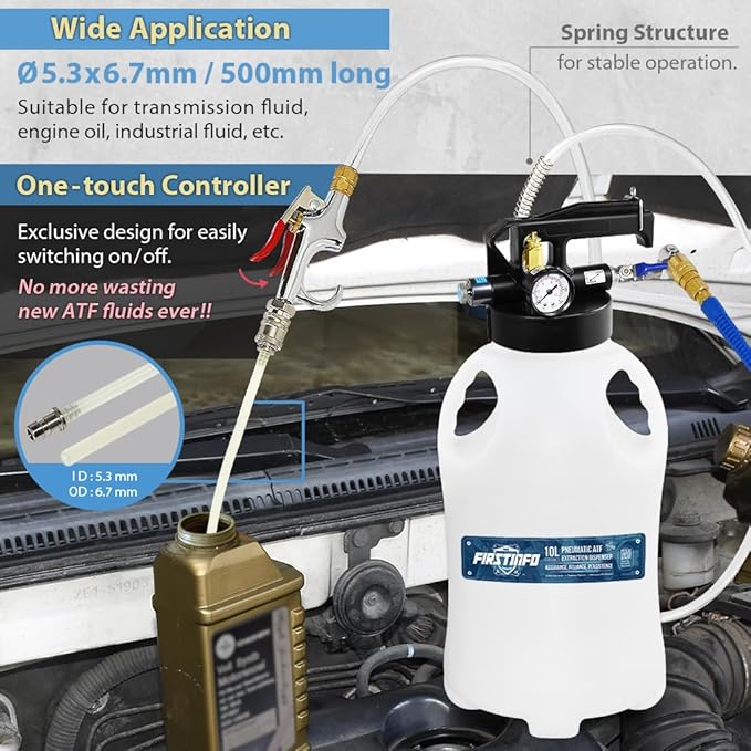 FIRSTINFO A1135QUS Patented 10 Liter 22 Pcs Taiwan-ATF Filler Adapters | Pneumatic Transmission Fluid Pump | 2 Way ATF Refill System Dispenser | Hanging Hook | 360° Z-Swivel Air Fitting