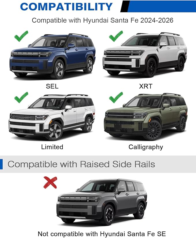 300lbs Lockable Roof Rack Cross Bars Compatible with 2024 2025 2026 Hyundai Santa Fe & Santa Fe Hybrid with Raised Side Rails (Not for SE), Heavy Duty Aluminum Roof Rails Crossbars Canoe