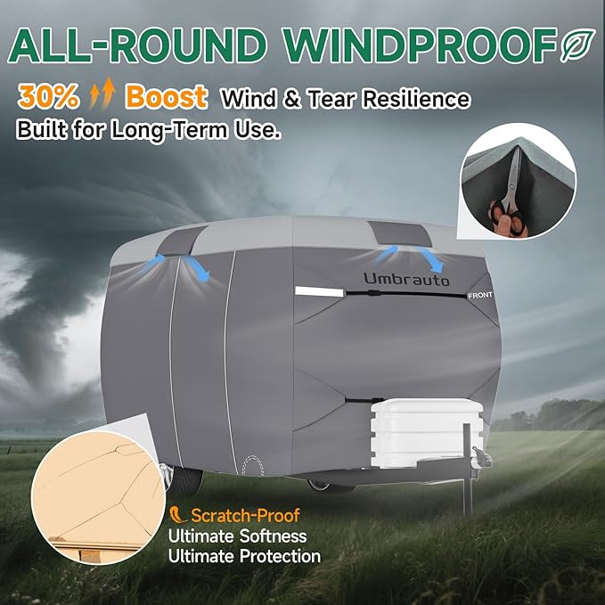 Umbrauto Fiberglass Travel Trailer Cover Fits 8'-10' Trailers, 2023 Upgraded 7 Layers Top Camper RV Cover with Windproof Strap,Adhesive Repair Patches