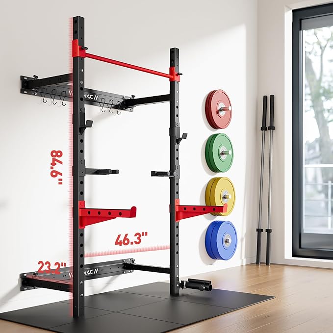 Folding Power Rack, Wall Mounted Squat Rack with Pull Up Bar, 980 Pounds Capacity, with J-Cups, Spotter Arms, Dip Bars, Landmine for Full Body Workout