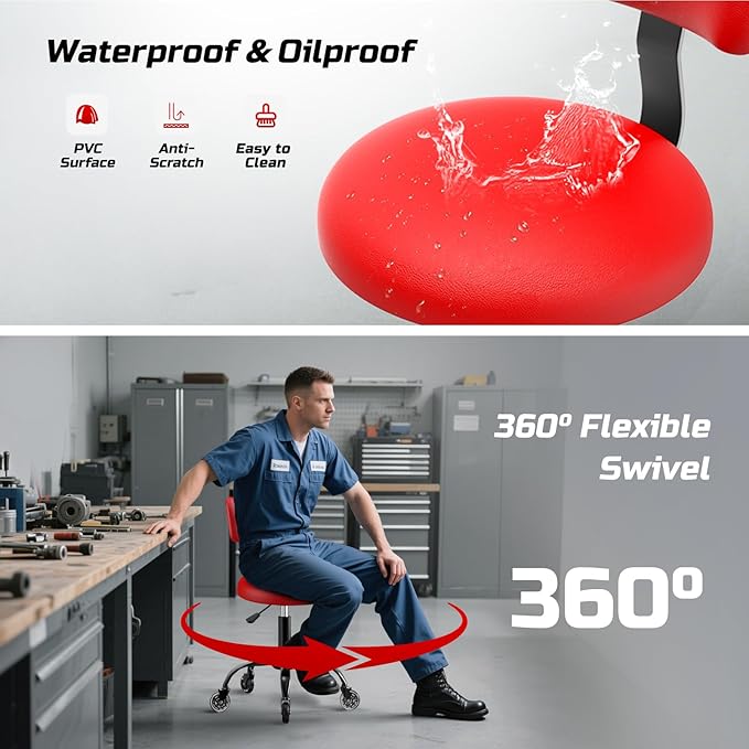 Rolling Shop Stool with Wheels, Mechanic Garage Stool Chair with Adjustable Height 15.55"-18.3", Heavy Duty Swivel Roller Seat for Garage, Salon and Tattoo Beauty, Red