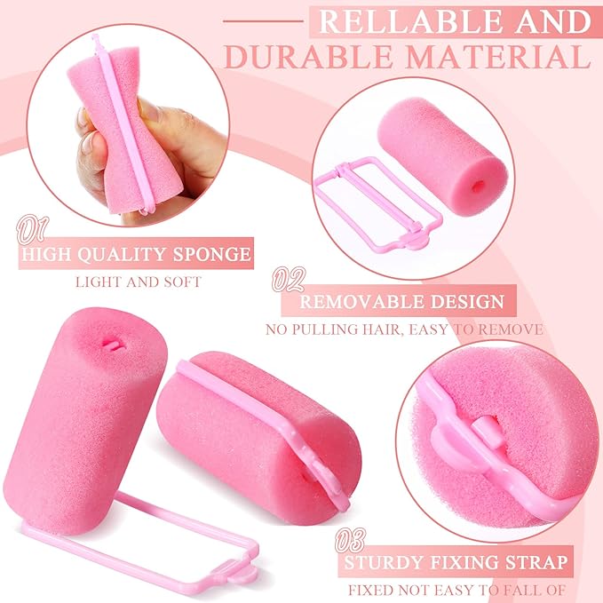 Geyoga 18 Pieces Sponge Hair Rollers Large Soft Foam Hair Styling Curlers Large Size Hairdressing Curlers for Women(1.18 x 2.6 Inches,Pink)