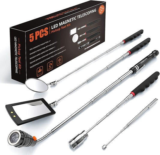 Telescoping Magnetic Pick Up Tool with 1lb& 15lb Pickup Rod, Round& Square 360 Swivel Adjustable Inspection Mirror, Flexible LED Flashlight, Christmas Gifts Stocking Stuffers for Men, Teen Boys, Him