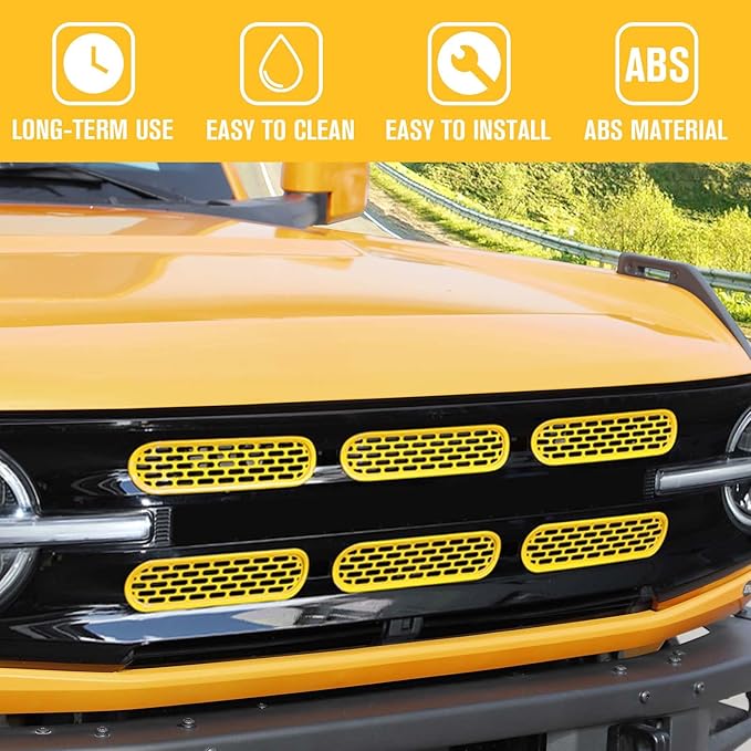 Jimen Compatible with Ford Bronco 2021-2023, 6PCS Front Grille Inserts Mesh Grill Cover Exterior Trim Accessories (Yellow)