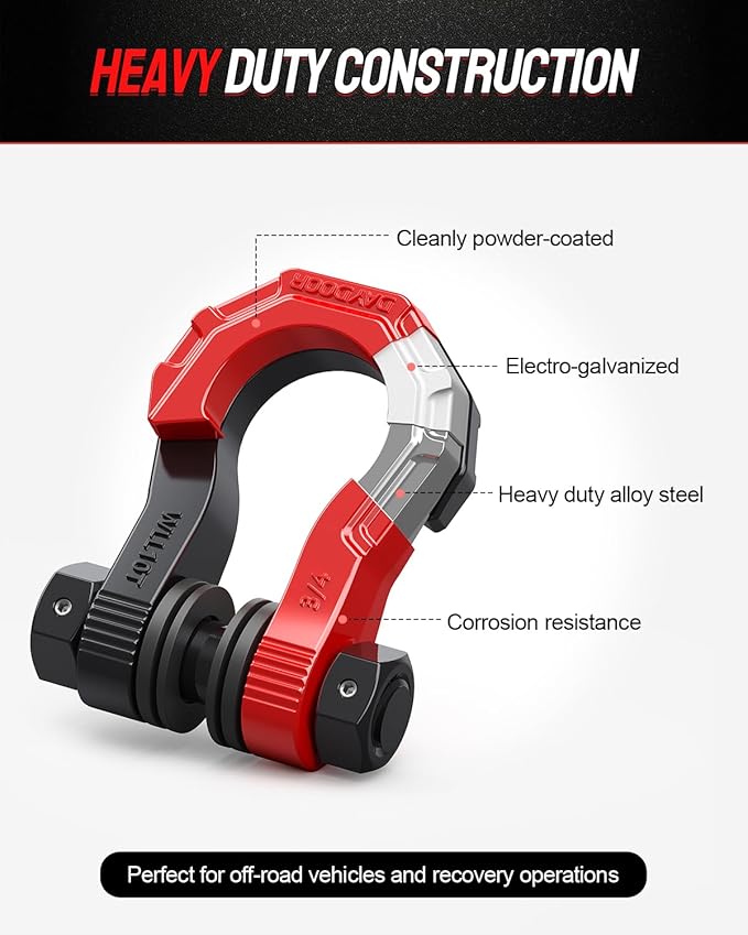 DAYDOOR 3/4" D Ring Shackles, Heavy Duty D Ring Shackles with 7/8 Pin, 45,000 lbs Break Strength Easy Open Towing Shackle for Off-Road Recovery, Winch, Trucks, Jeep, SUV & ATV (2 Pack)(Red)