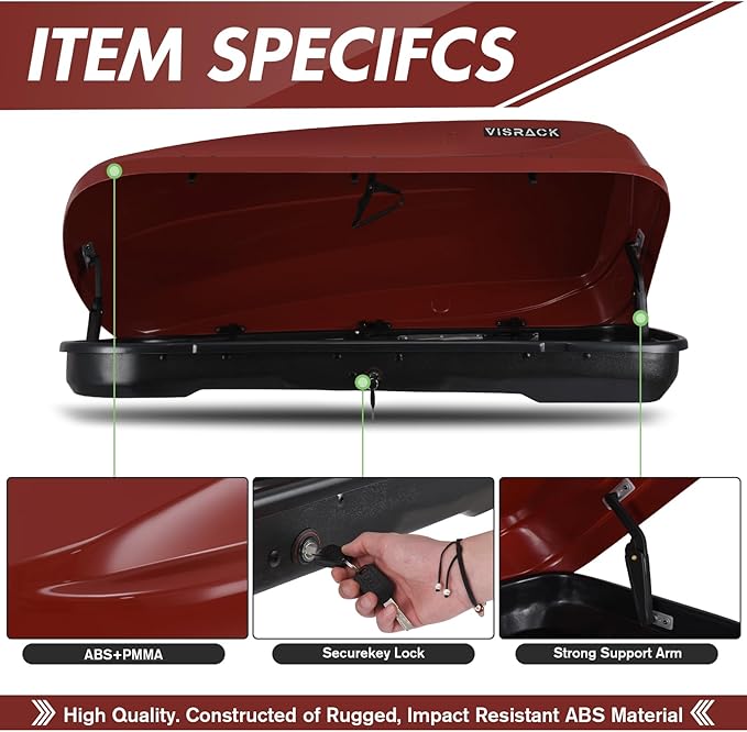 Hard Shell Roof Cargo Carrier with Security Keys, Roof Box, Cargo Box, 56 (L) x 30 (W) x 13.7(H) Inches, 13 Cubic Feet (Tool-Free Install), Red